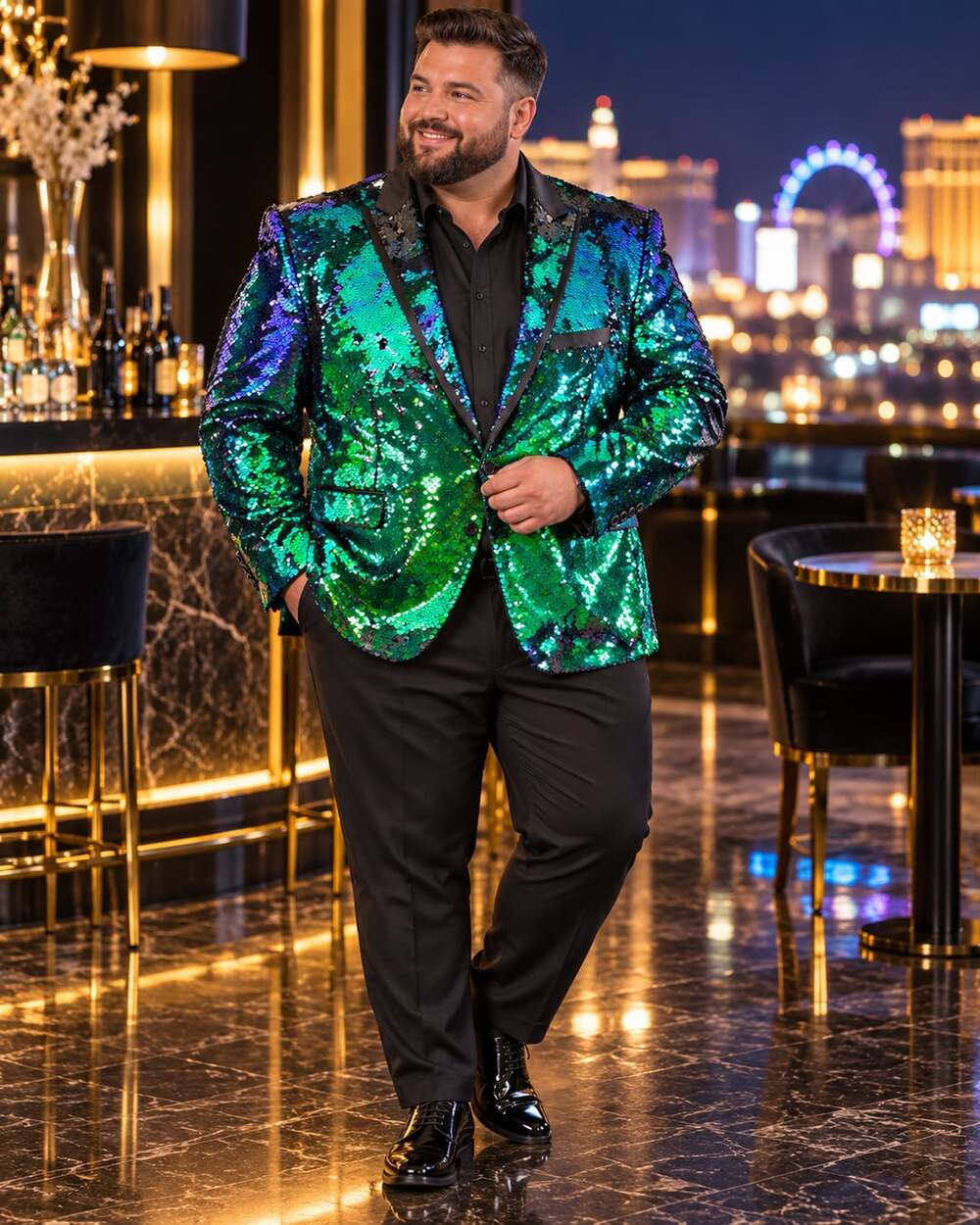 COOFANDY Sequin Blazer Tuxedo Jacket Green Blue Size XL
